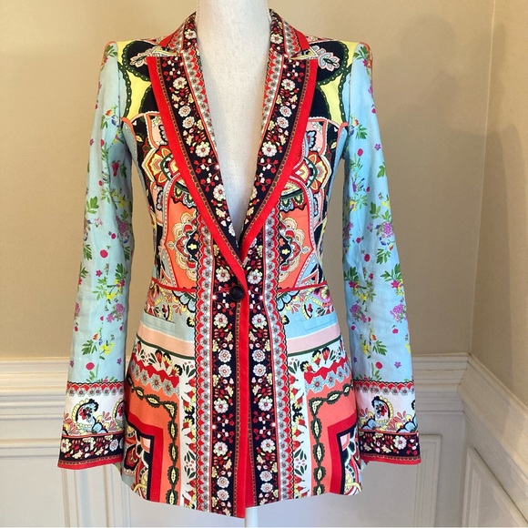 ALICE AND OLIVIA Nate Euphoria Paisley Floral Print Linen Blazer Jacket - Picture 3 of 16